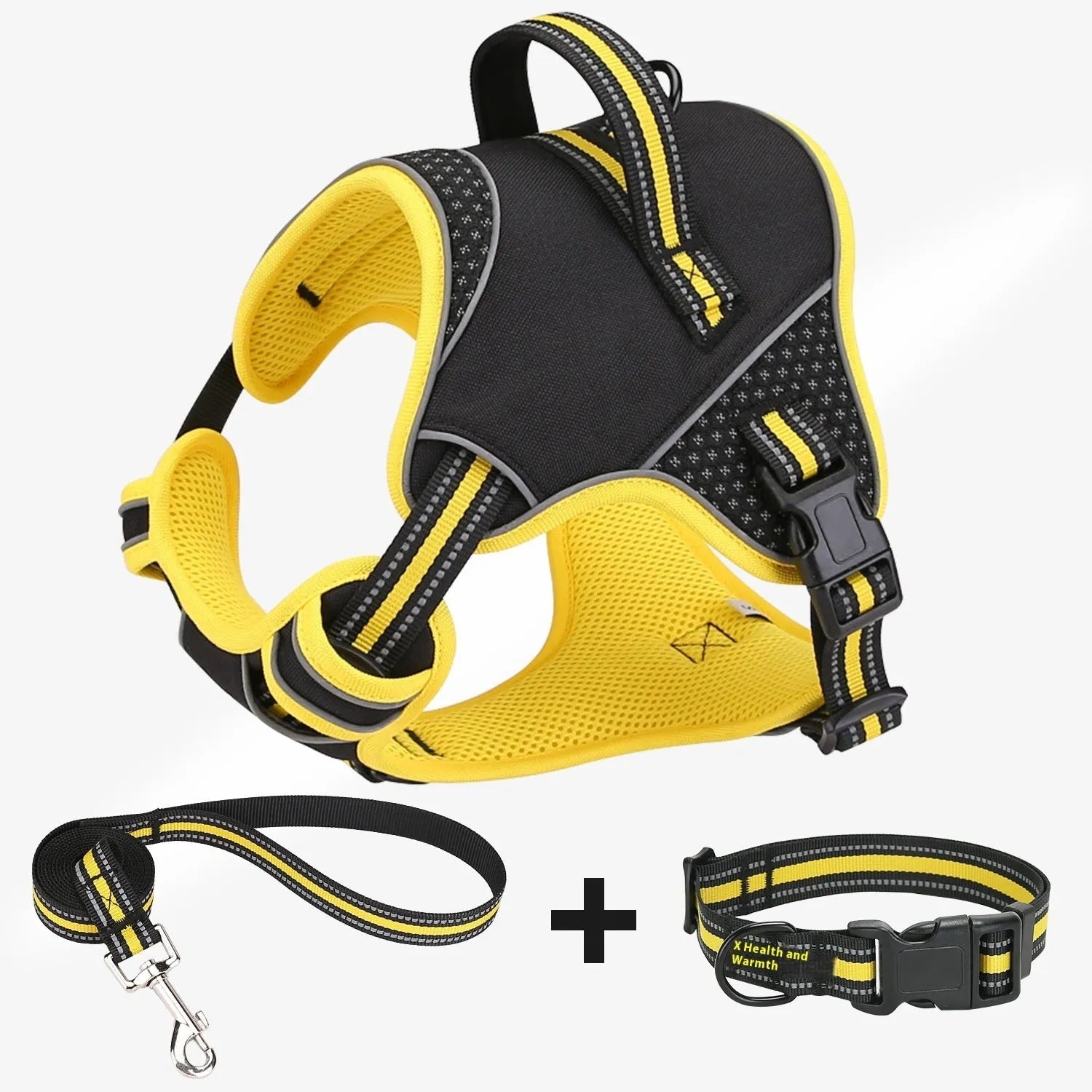 Orange anti-breaking dog harness with polyester traction strap for outdoor walking.