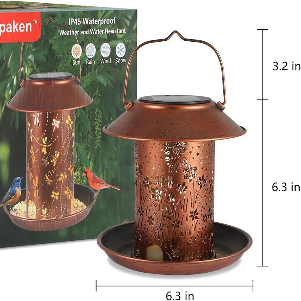 Solar-powered iron art bird feeder lamp in hummingbird pattern with waterproof outdoor construction
