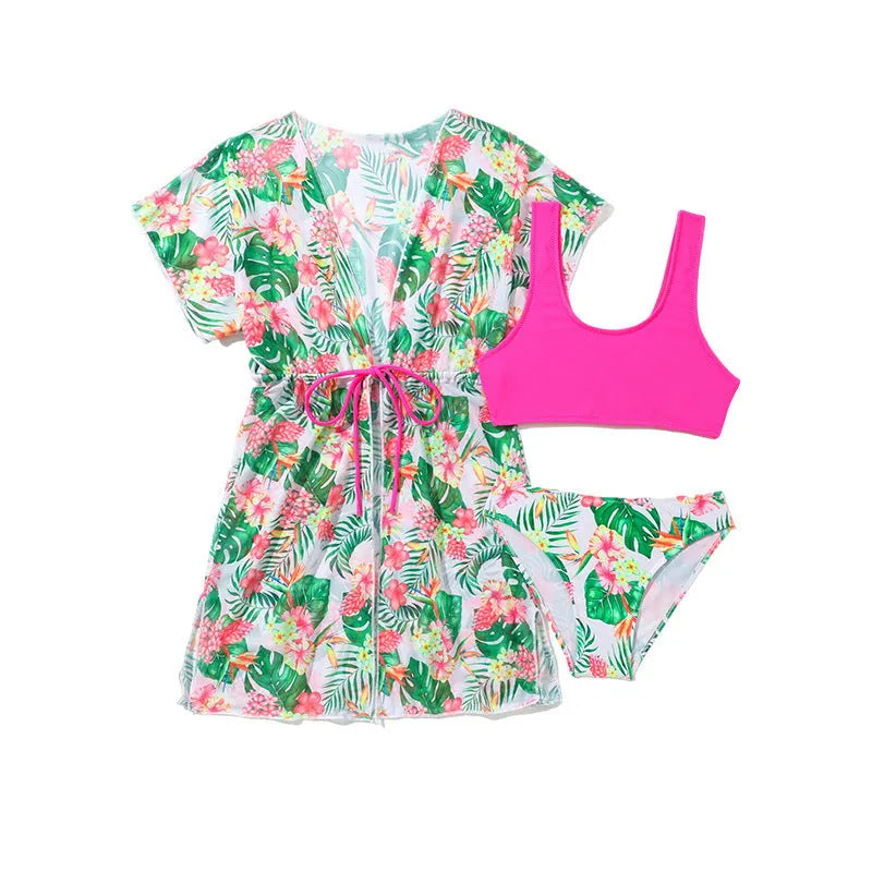 Girls floral two-piece swimsuit set with matching overclothes in picture colour