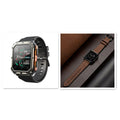 Square smart watch with aluminium case and silicone strap showing Bluetooth calling and outdoor features on screen.
