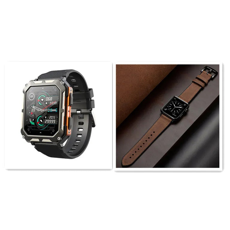 Square smart watch with aluminium case and silicone strap showing Bluetooth calling and outdoor features on screen.