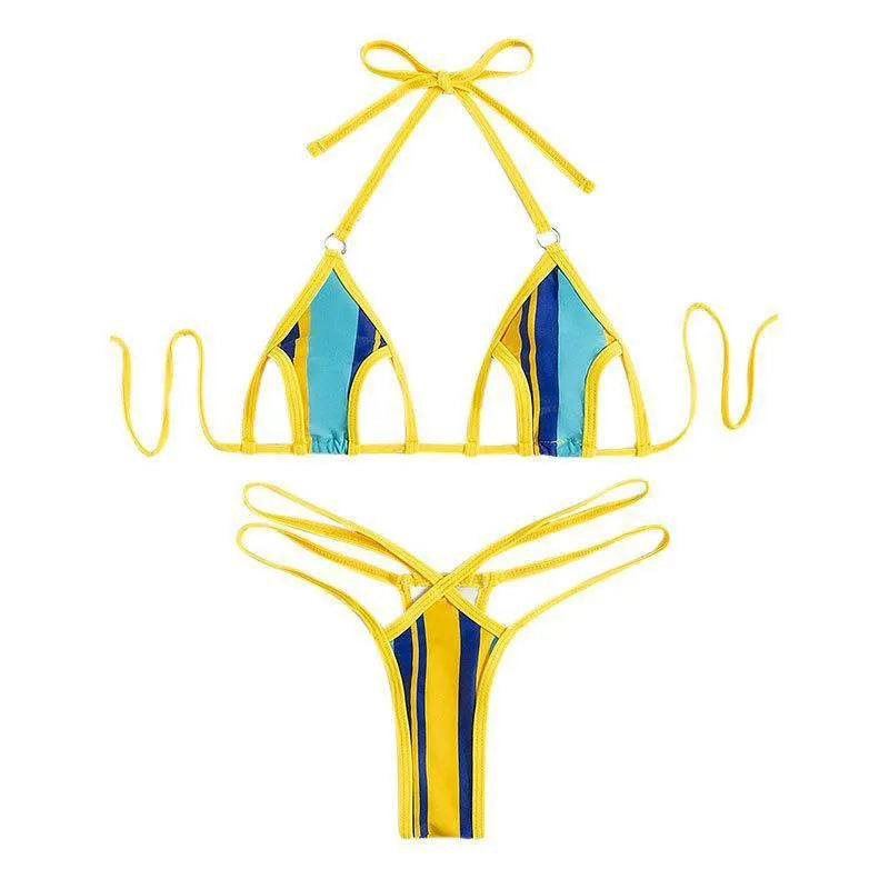 Women's yellow hollow neck-hanging swimsuit with high waist and backless design