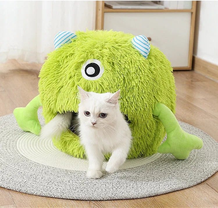 Round fluffy cat bed with non-slip bottom in three size options for indoor pets