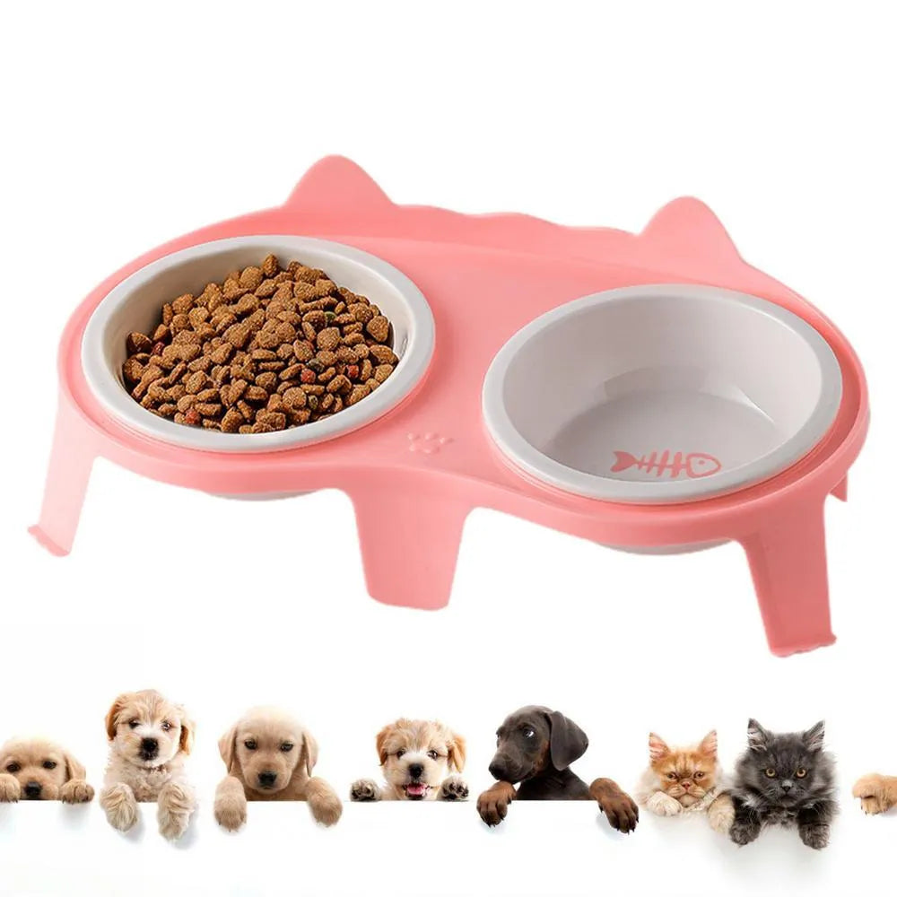 Ceramic cat food and water bowl set on elevated tilted stand with hook design