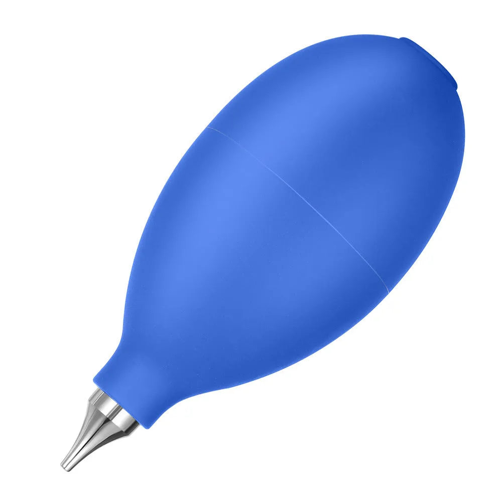 Blue and black rubber handheld dust removal air blower ball for cleaning cameras and phones.
