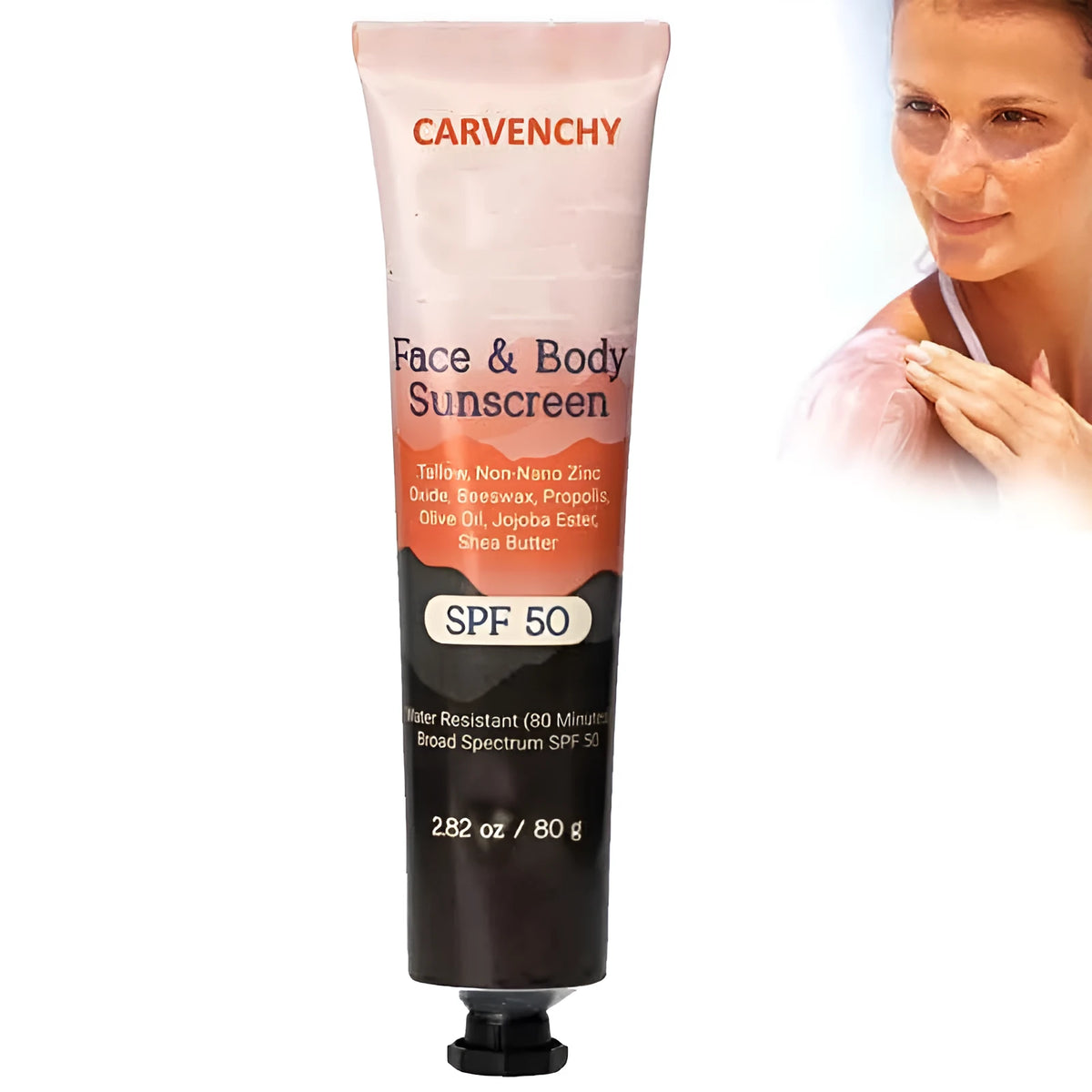 Tube of natural mineral sunscreen with car and catalpa ingredients for face and body protection