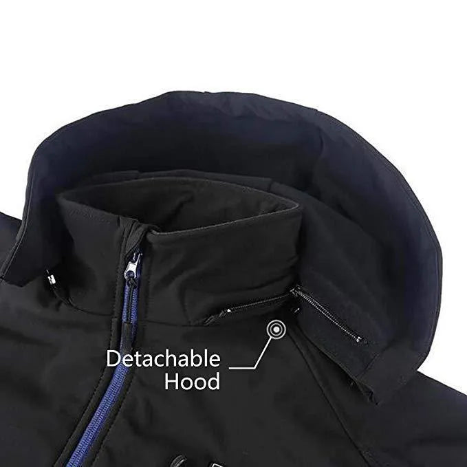 Black men's USB heated waterproof winter coat with zip pockets and straight hem design