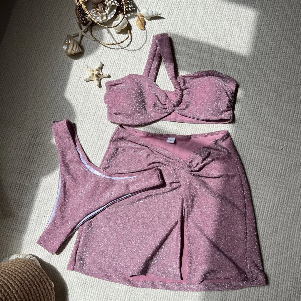 Three-piece swimsuit set in light green sky blue or pink featuring one-shoulder tube top pants and skirt in glossy polyester