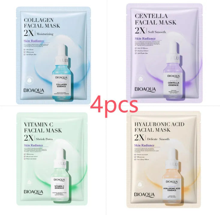 Single-use facial sheet mask with gel serum, shown in Centella, Collagen, Hyaluronic Acid or Vitamin C variants.