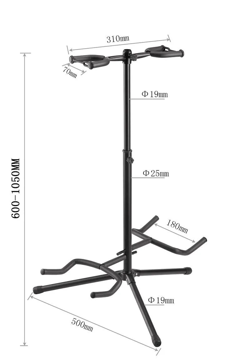 Black iron double-headed adjustable guitar stand holding two guitars vertically