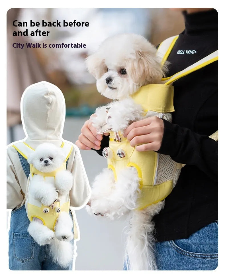 Cartoon pattern pet chest carrier bag in canvas with soft lining and colourful stitching