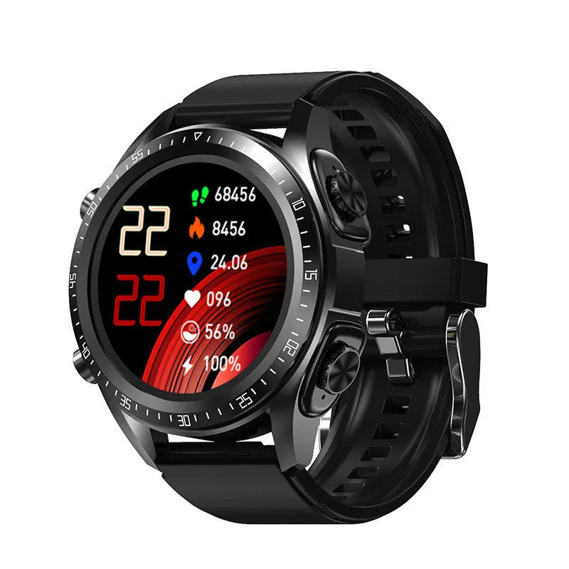 Black smart watch with health monitoring on a silicone strap next to charging cable and earphones