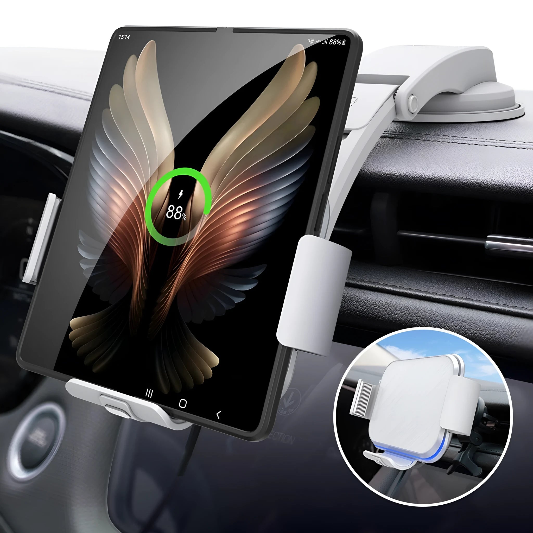 Grey in-car mobile phone holder with folding screen and wireless charging bracket showing air conditioner clip and suction cup mounting options