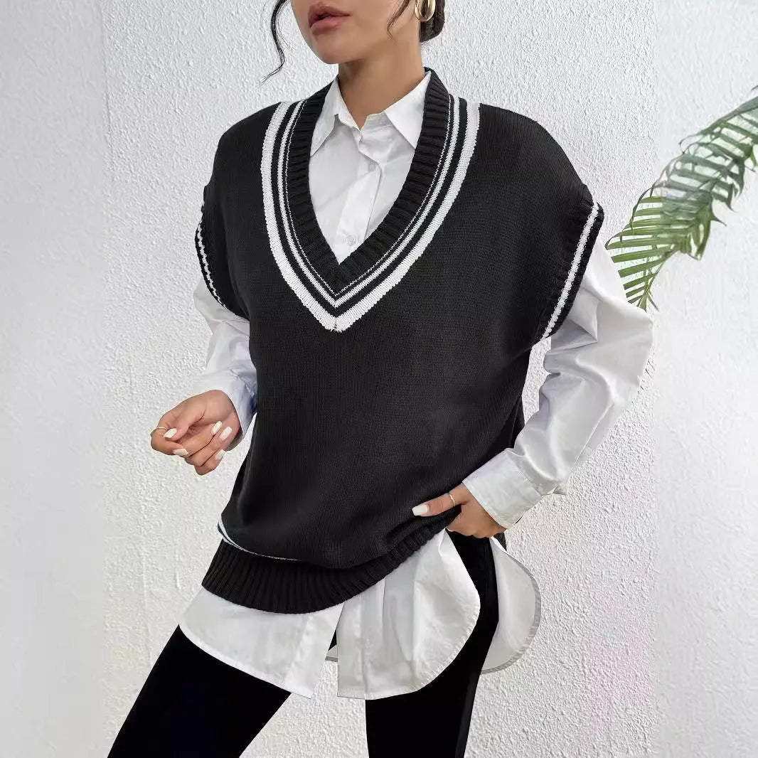 Women's loose-fit acrylic blend vest sweater in college style available in blue, coffee, and black colours