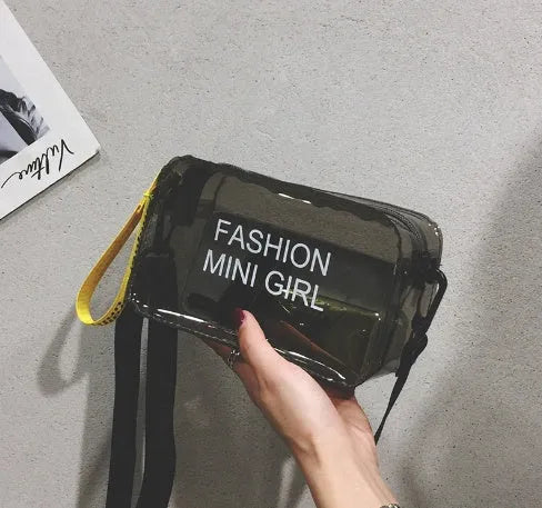 Transparent square jelly shoulder bag with adjustable strap in various colours on a white background.
