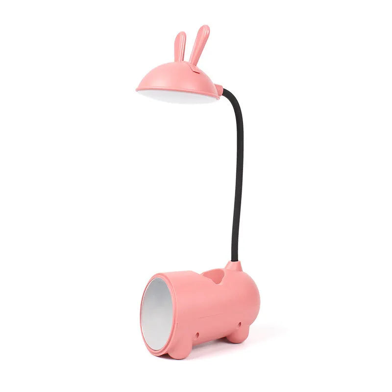 Cartoon-style USB desk lamp with pen container in dark blue, green or pink colours