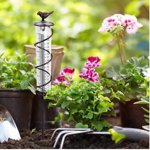 Cast iron bird-shaped rain gauge with glass measurement cylinder for garden weather tracking