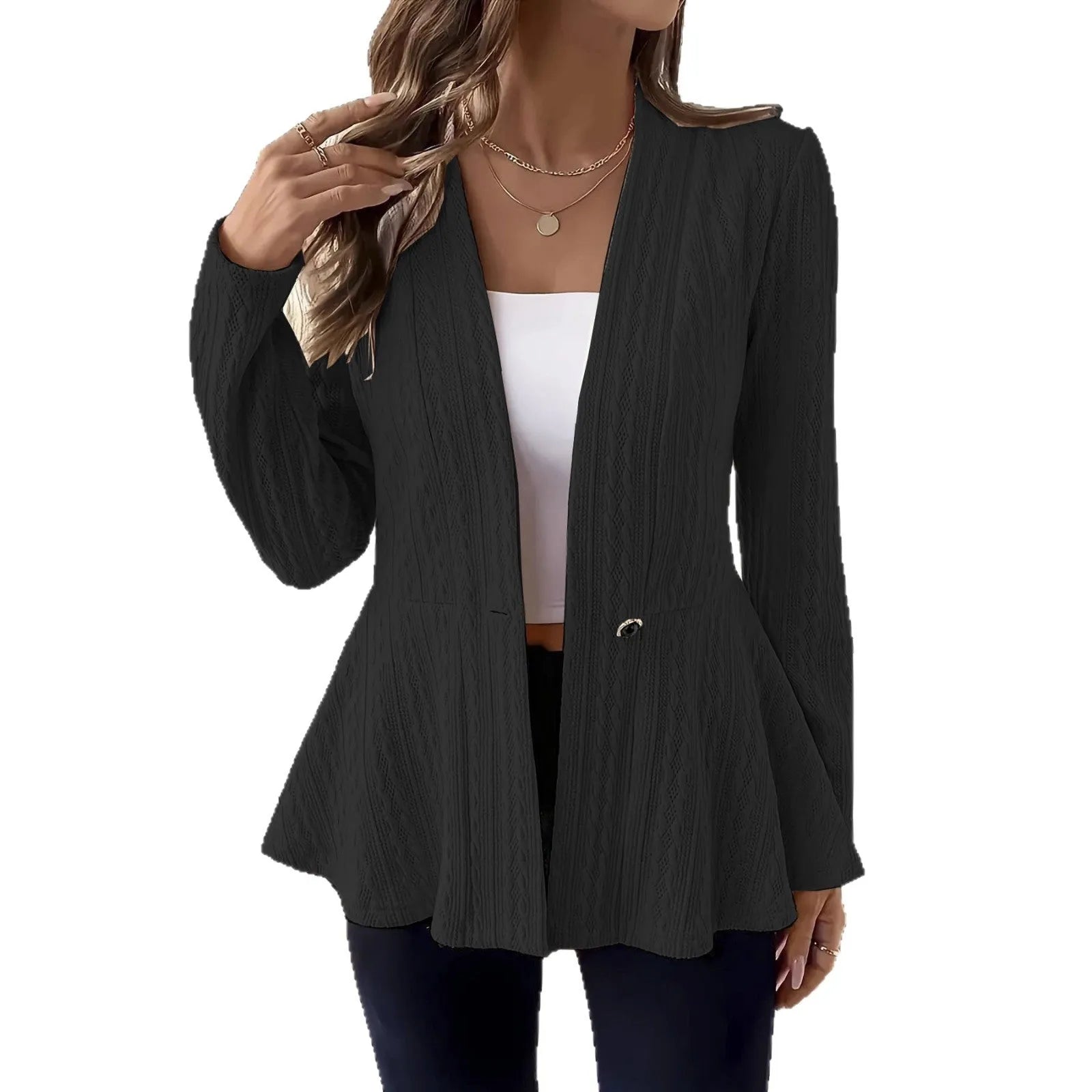 Women's solid color one button knitted cardigan in apricot or black with tight fit and long sleeves