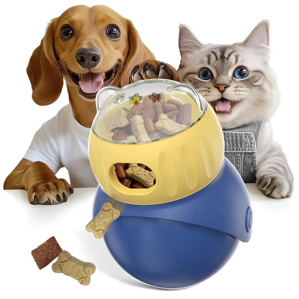 Owl-shaped plastic cat feeder toy in Morandi yellow and blue colours with tumbler mechanism