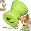 Blue durable rubber dog chew bone toy with hollow treat-dispensing centre and leakage holes.