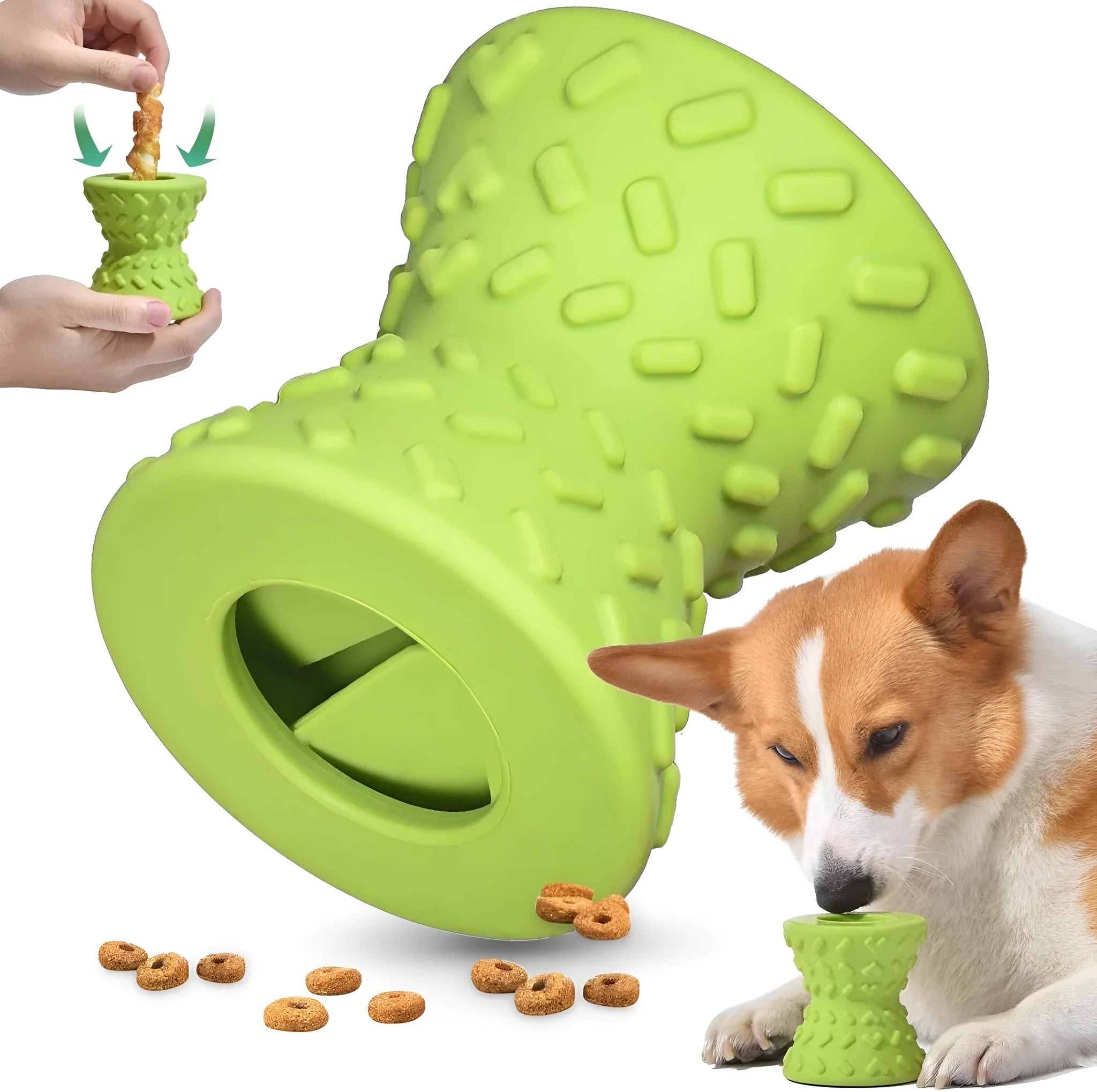 Blue durable rubber dog chew bone toy with hollow treat-dispensing centre and leakage holes.