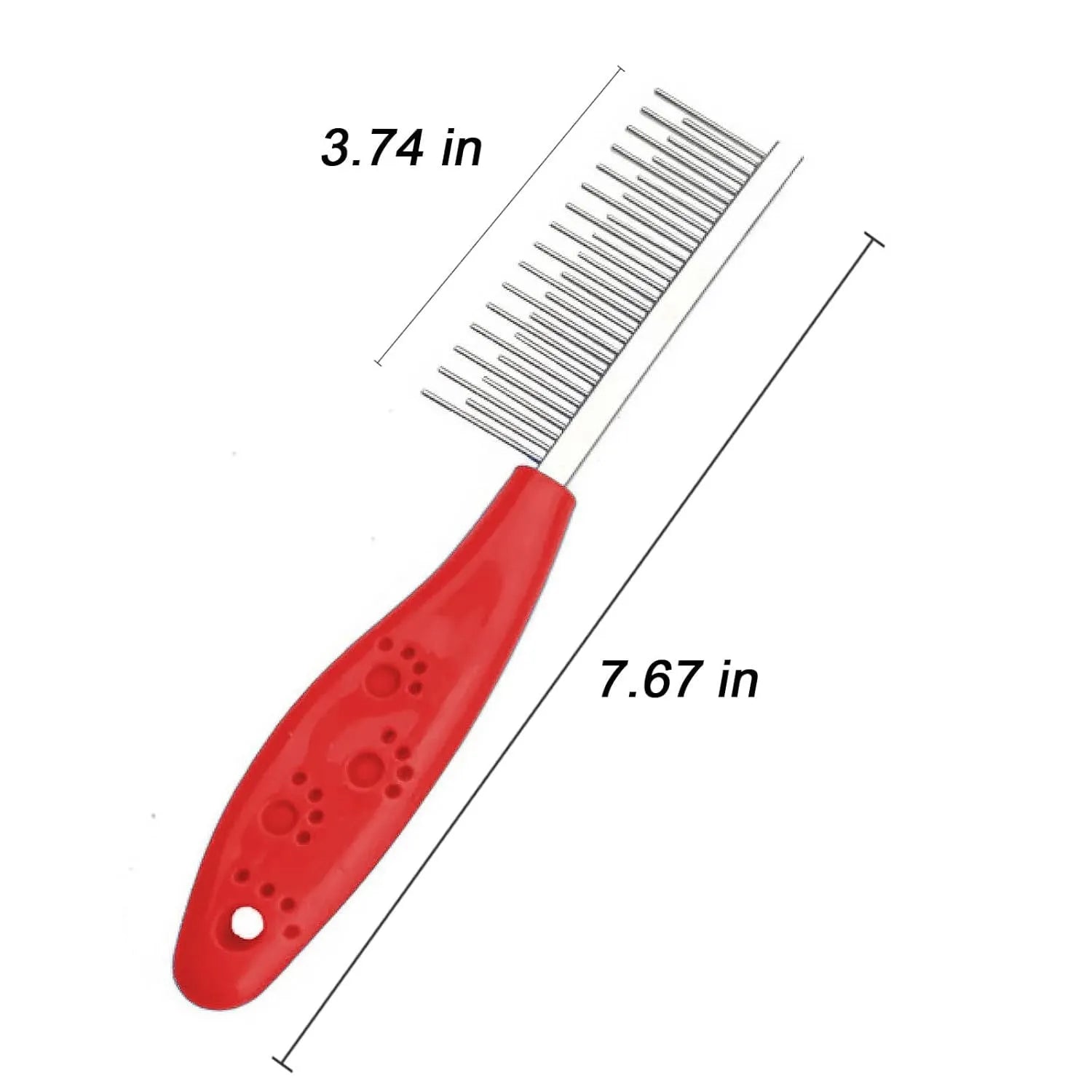 Red pet grooming comb with stainless steel short and long teeth and a plastic handle for removing knots and tangles.