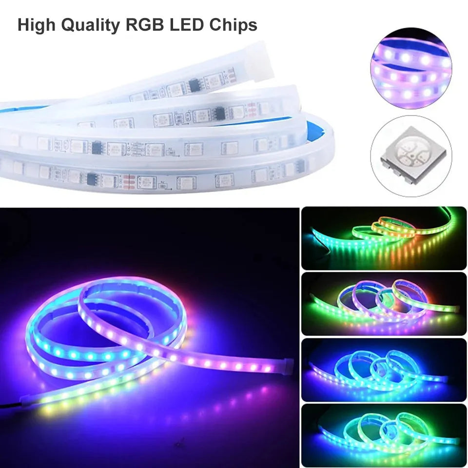 Flexible PVC LED strip light installed on a car engine cover showing white and red glow options