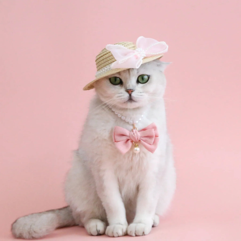 Woven straw hat for cats with pearl butterfly bow in princess style, shown in pink colour