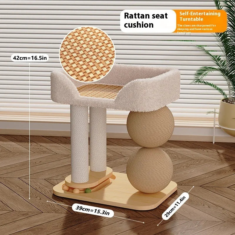 Pine wood cat nest bed with built-in grasping balls in three style variants.