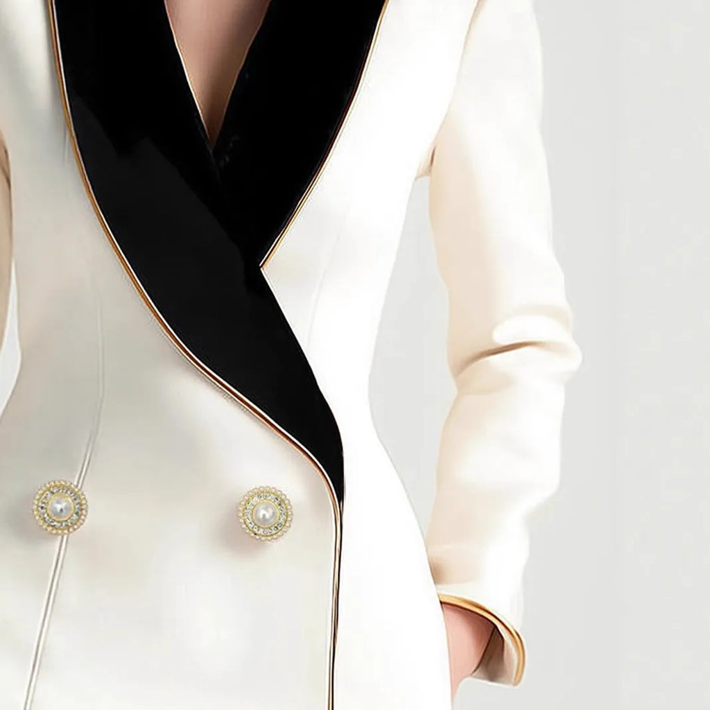 Women's beige irregular hem long sleeve coat with pearl button front fastening