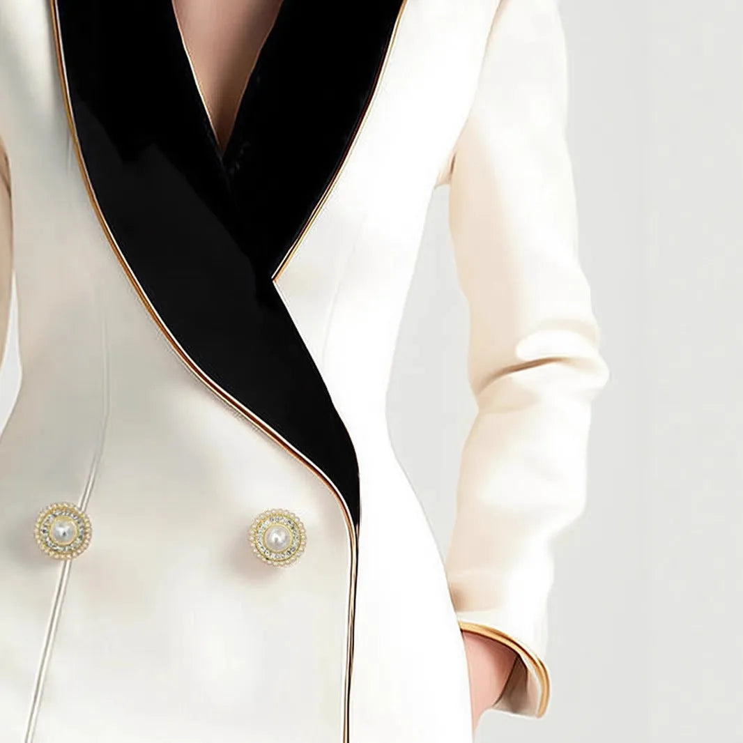 Women's beige irregular hem long sleeve coat with pearl button front fastening
