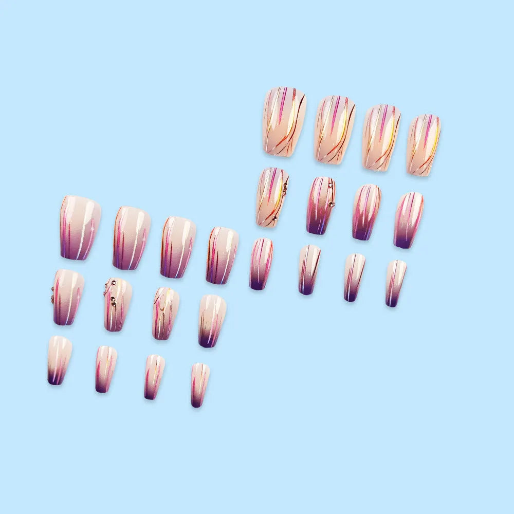 Magic purple line streamer gradient nail stickers with starry sky pattern for short nails, includes jelly glue.