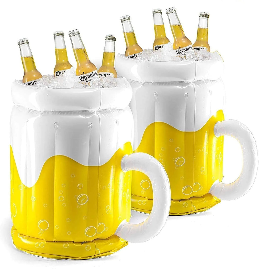 Yellow inflatable beer mug cooler pool float, 44cm x 32cm PVC drink holder for parties