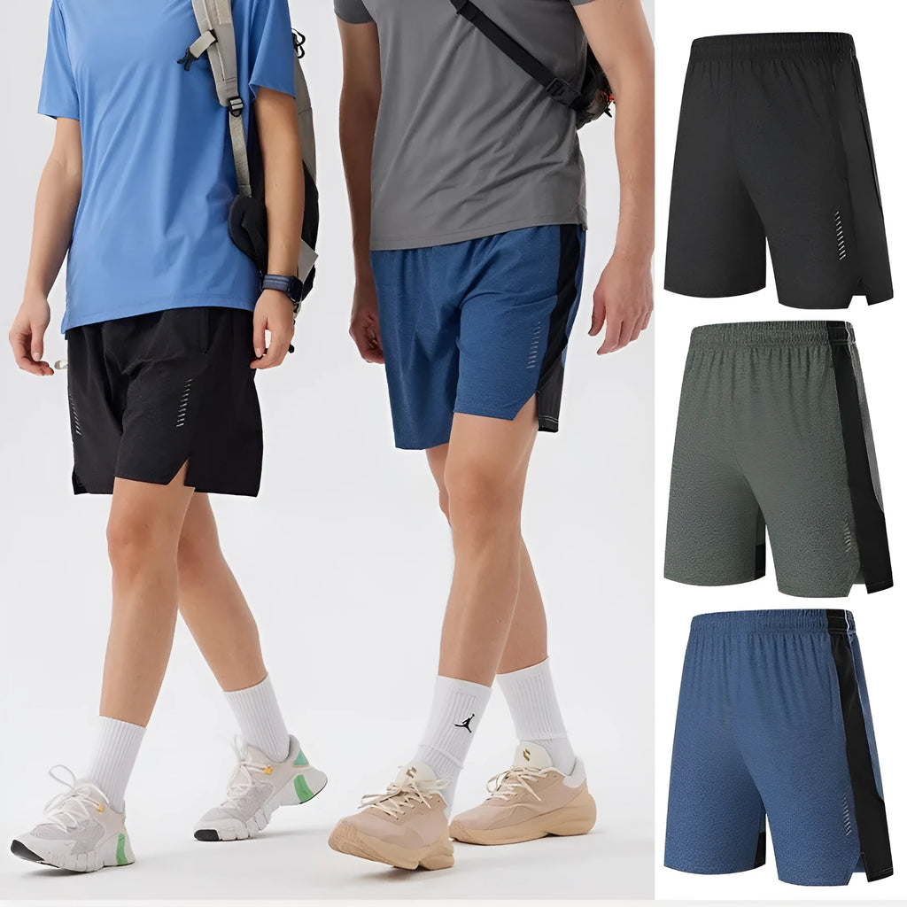 Men's forest green spandex five-point shorts with mid-waist and short leg design laid flat.