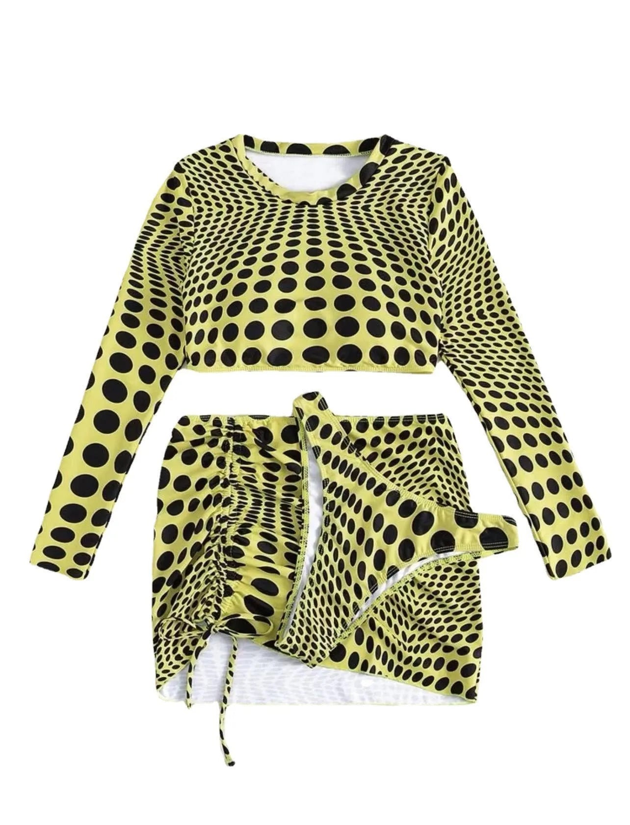 Women's green polka dot three-piece swimsuit set with skirt and padded bikini top