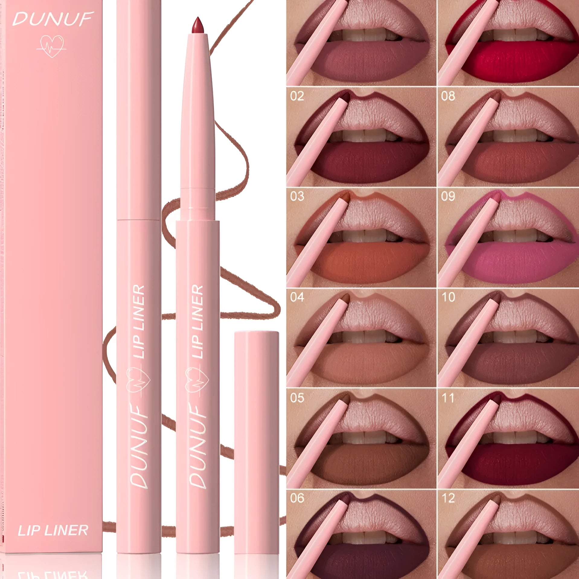 Set of twelve velvet matte lip liner pencils in a range of colours on a white background.