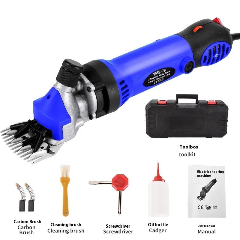 Yellow electric wool shearing tool with 110V plug, multiple blade sets, and maintenance accessories in plastic storage box
