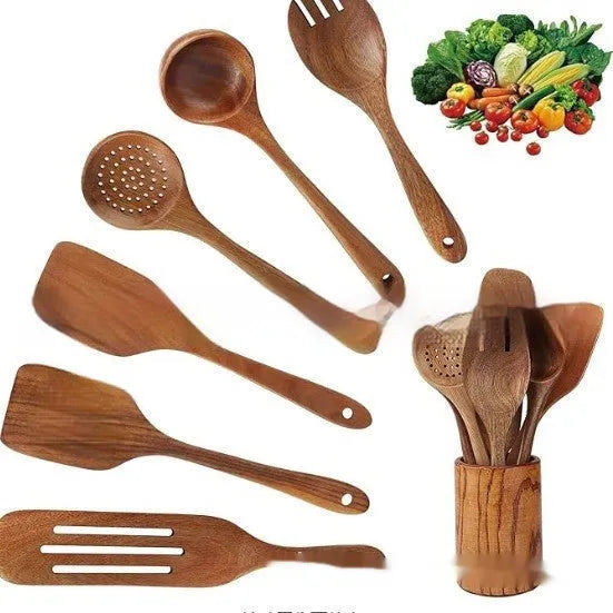 7-piece wooden kitchen tableware set with spoon, spatula and soup spoon items