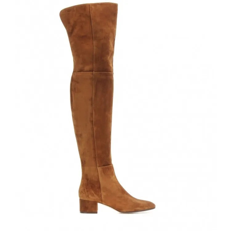 Grey women's flat over-the-knee suede boots with a pointed toe and low thick heel.