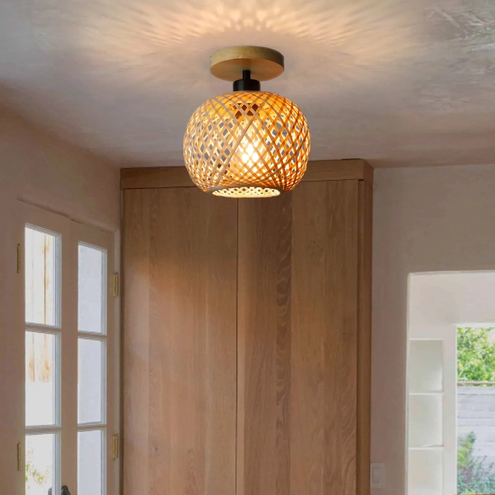 Bamboo Japanese-style pastoral ceiling lamp with wooden colour finish for hallway lighting