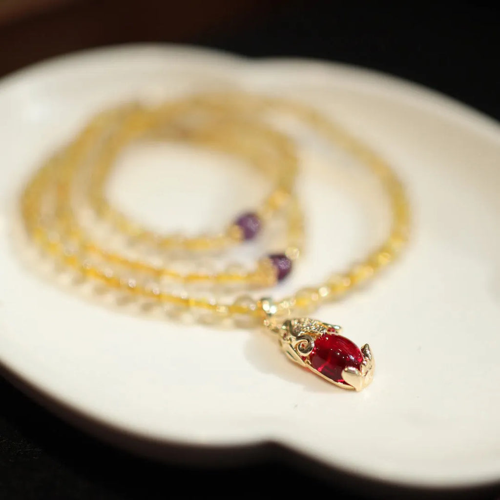 Natural Brazilian gold rutilated quartz Chinese-style bracelet with three-circle gold ruby quartz charm pendant