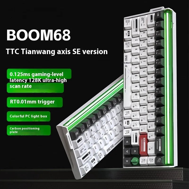 BOOM68 compact mechanical gaming keyboard with RGB backlighting on a desk