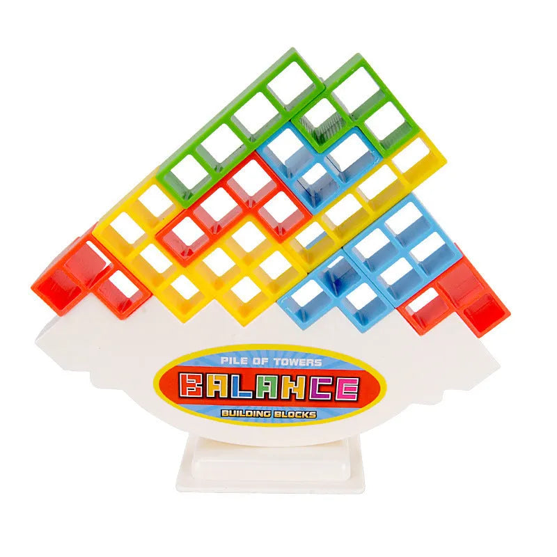 Plastic balance stacking game with 16 colourful building blocks, chassis, and base on a table.