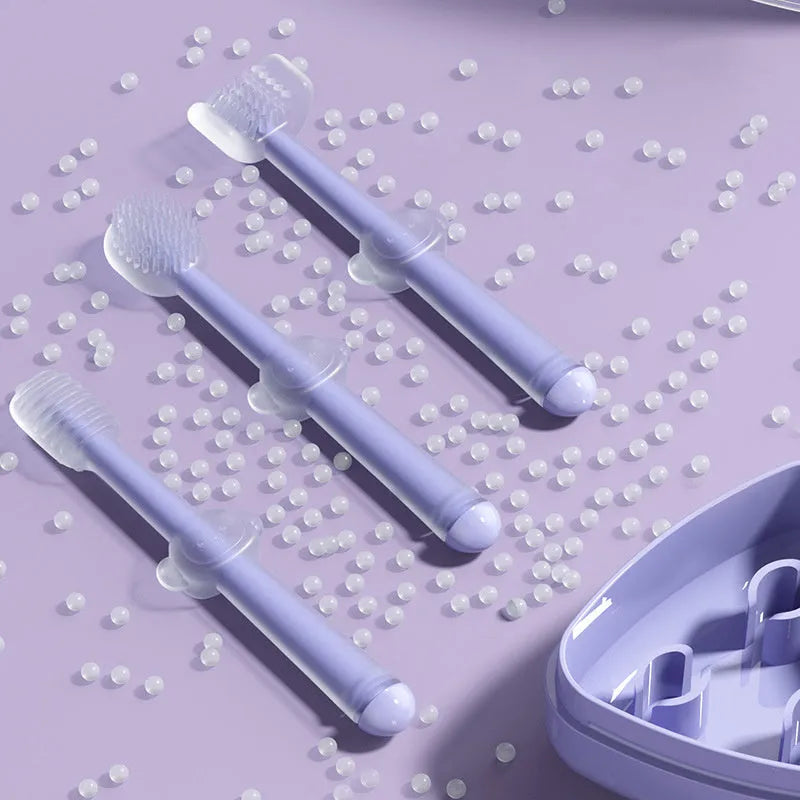 Purple silicone pet toothbrush with soft bristles for cleaning cat and dog teeth