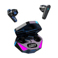 X15 black wireless in-ear gaming headphones with charging case on a grey background