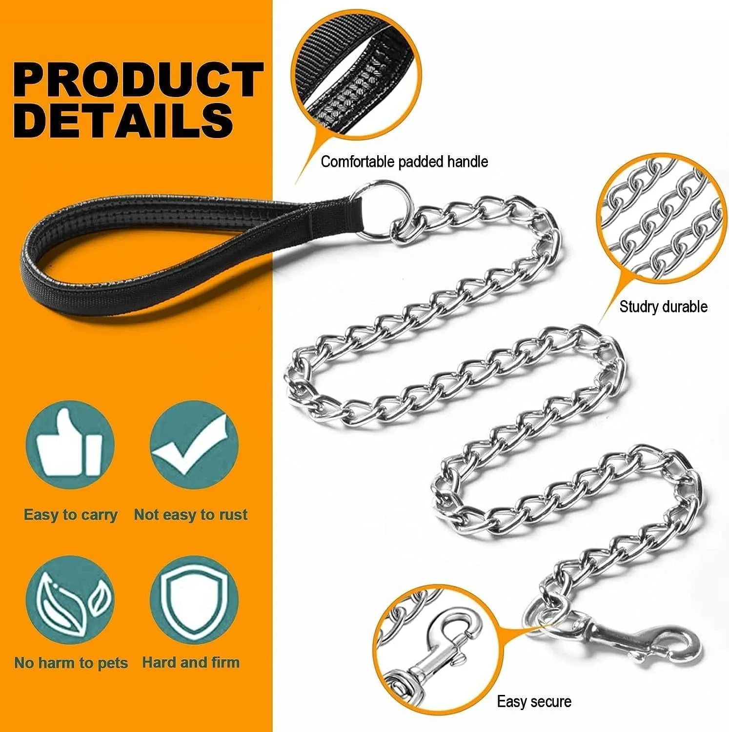 Heavy duty metal dog chain leash with soft black padded handle, shown with a red colour option.