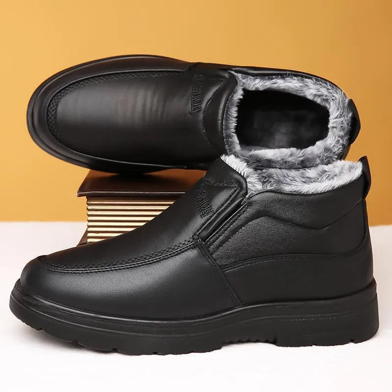 Men's black winter slip-on shoes with fleece lining and a rubber sole