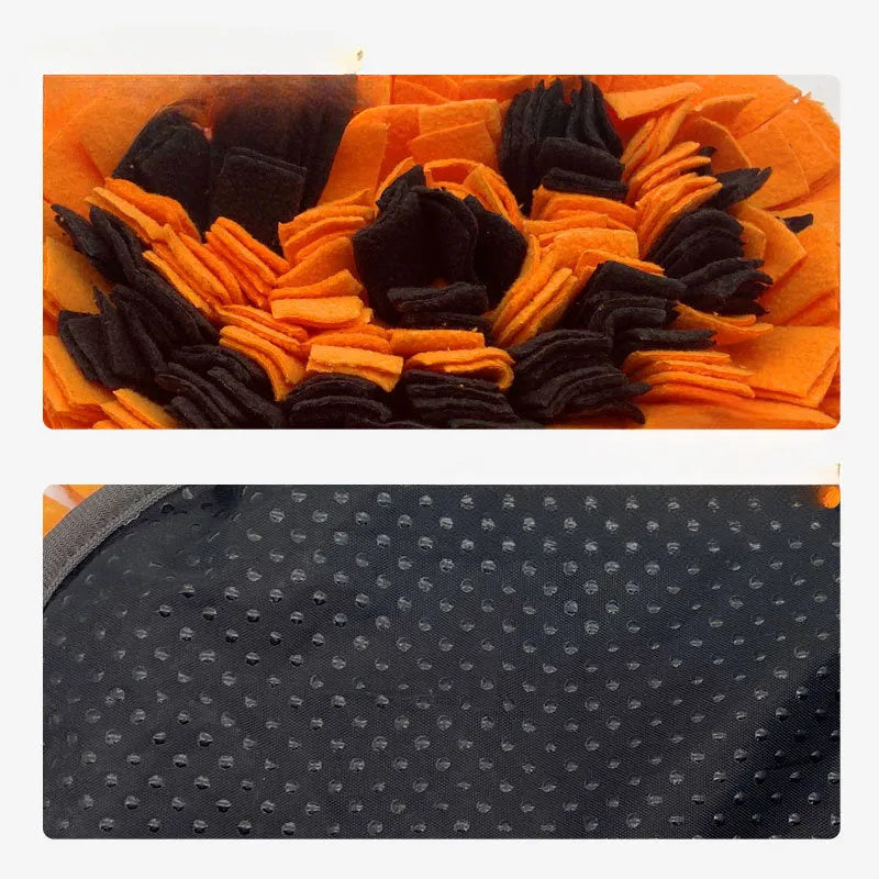 Orange pumpkin pattern dog sniffing mat with textured fur surface for slow feeding training