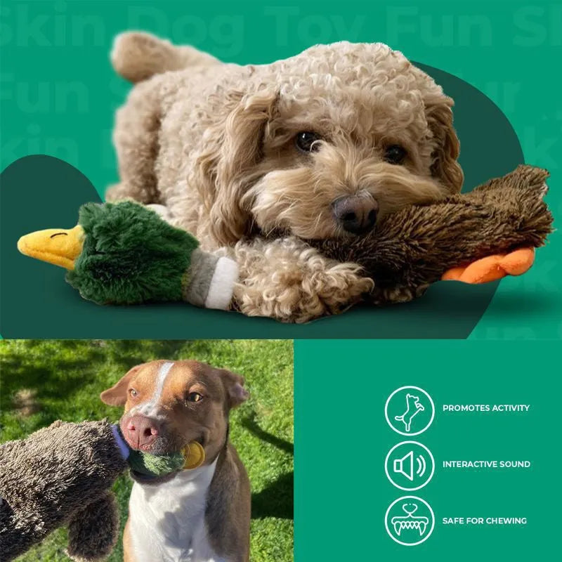 Green wild duck shaped stuffless dog toy with soft plush fabric and squeakers for pets