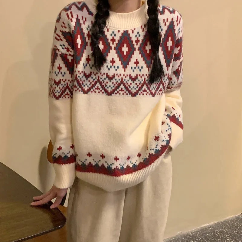 Striped retro loose fit pullover knitted top with long sleeves in white or red